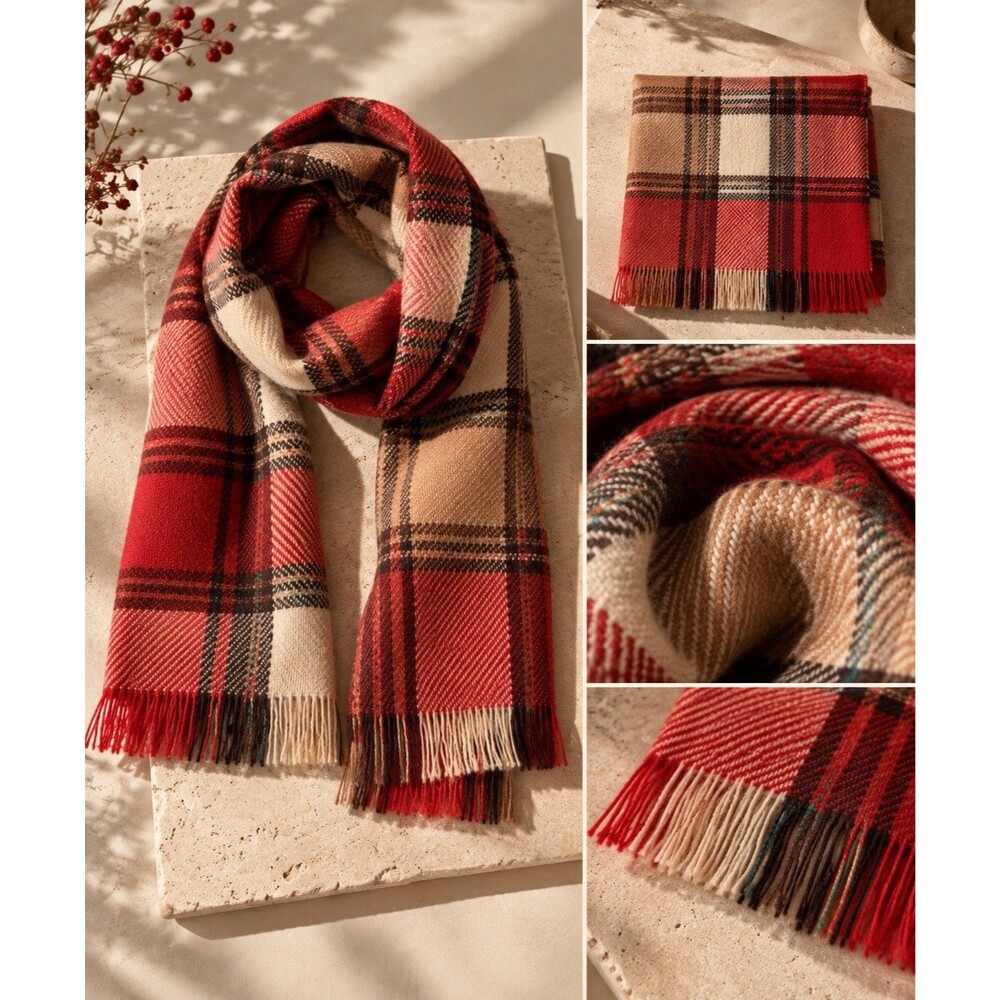 100% Virgin Wool Plaid Scarf Red Camel Brown Cream Fringe 45” Vintage Unisex